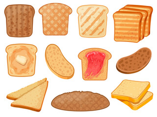 Cartoon toasts. Fresh toasted whole grain and wheat bread slices with butter and jam for breakfast. Roasted sandwich toast pieces vector set