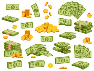 Fototapeta Cartoon banknotes and coins. Green dollar bill packs, bundles, stacks and piles. Flying banknote and falling gold coin. Bank cash vector set obraz
