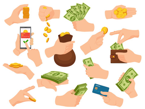 Hands hold cash. Human arm give money and pay in dollar bill banknotes, coin piles, card and phone app. Hand with wallet and bag vector set