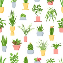 Naklejka na ściany i meble Pot plants seamless pattern. Houseplants, cactus and succulents, garden in pots home interior decor. Scandinavian style floral vector print