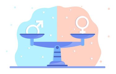 Gender equality in everything concept. The male and female signs on the scales balance each other. Equal rights for both sexes. Cartoon modern flat vector illustration isolated on a white background