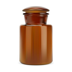 Apothecary poison bottle. Old glass stopper pharmacy jar. Brown glass antique medicine container. Aroma candle bottle vector illustration. Realistic amber pharmaceutical treatment jar