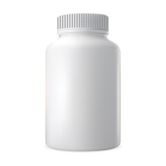 Pill bottle. Vitamin supplement white container mockup. Plastic capsule package pharmacy template. 3d medicament can design for cure drugs, medical prescription antibiotic. Supplement jar