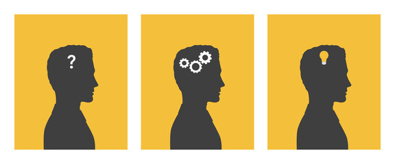 Set of 3 posters about a problem solution, thinking process and idea generation. Silhouette profiles of man with different metaphoric things in his head: question mark, gears and light bulb.