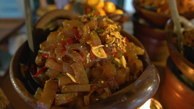 indonesian food in traditional restaurant. angkringan java cuisine