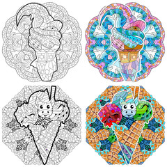Ice cream are drawn in black and white outline for coloring page with mandala. Color and outline set
