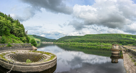 Fototapeta premium Panoramic photo of Ladybower reservoir with plug hole exposed