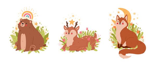 Set of cute little bear, deer and fox. Cartoon animal characters poster, card templates for children nursery room decor. Vector illustration.