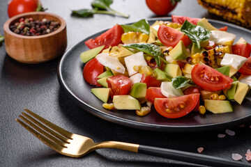 Delicious fresh salad with tomatoes, avocado, cheese and grilled corn with olive oil