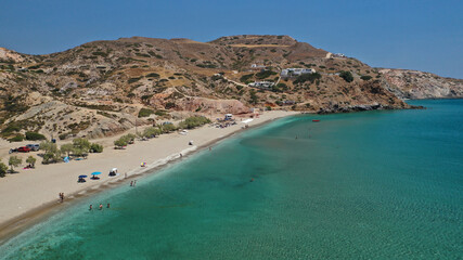 Aerial drone photo of paradise sandy beach of Agia Kiriaki with emerald clear sea in South Milos island, Cyclades, Greece