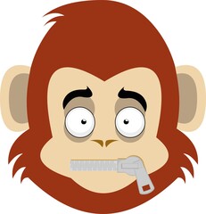 Vector emoticon illustration of the face of a cartoon monkey or chimpanzee with a closed mouth with a zipper