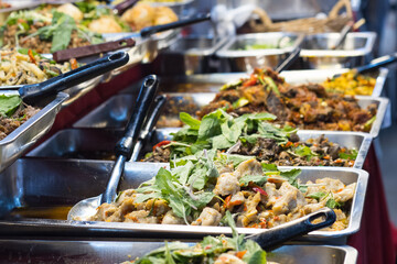 Thai street foods, Thai foods style Rice and Curry at market Bangkok of Thailand.