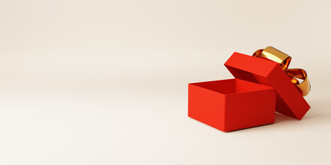 Open red gift box with golden ribbon for anniversary birthday , Merry Christmas and Happy new year concept , 3D rendering technique.