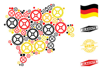 Repair service Albacete Province map mosaic and stamps. Vector collage is formed from repair service icons in variable sizes, and German flag official colors - red, yellow, black.