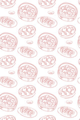 The seamless pattern design. The hand-drawn Asian traditional brunch meal Dim Sum by single color line. repeatable food background design. included dumplings and steamer.