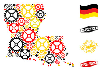 Repair service Louisiana State map collage and stamps. Vector collage is designed of repair workshop elements in different sizes, and Germany flag official colors - red, yellow, black.