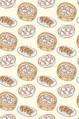 The seamless pattern design. The hand-drawn Asian traditional brunch meal Dim Sum by flat colors. repeatable food background design. included dumplings and steamer.