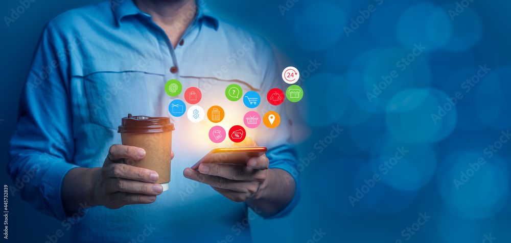 Poster man's hand using mobile phone to connecting data information and social media. panoramic banner of n