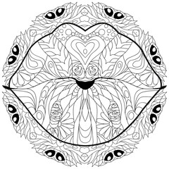 Zentangle stylized lips on mandala. Hand Drawn lace vector illustration for coloring