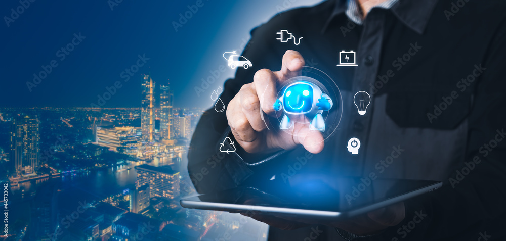 Poster man's hand using technology with digital society network symbols on screen. global futuristic techno