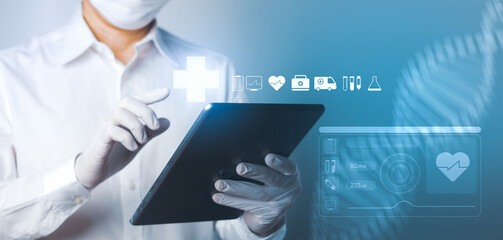 Medicine doctor using tablet computer with virtual interface of Medical science and Medicine technology