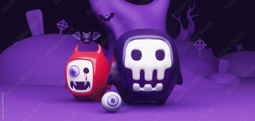 Canvas Prints halloween banner with funny ghost cartoon character on dark background and copy space. 3d rendering 