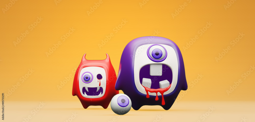 Wall mural halloween banner with funny ghost cartoon character on orange background and copy space. 3d renderin