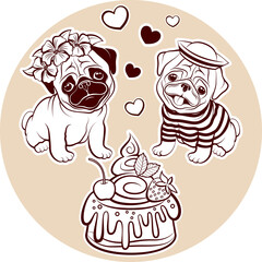 Cute puppies pugs boy and girl sit near cake with berries