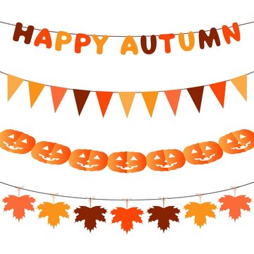 Autumn set of garlands in orange and brown colors. Pumpkins, flags, letters and leaves decorations. Vector isolated on white background.