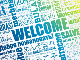 WELCOME word cloud in different languages, conceptual background © dizain