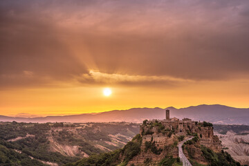 Civita di Bagnoregio, panoramic view at dawn. Archive photo.Civita di Bagnoregio, Europe, Italy, Lazio.