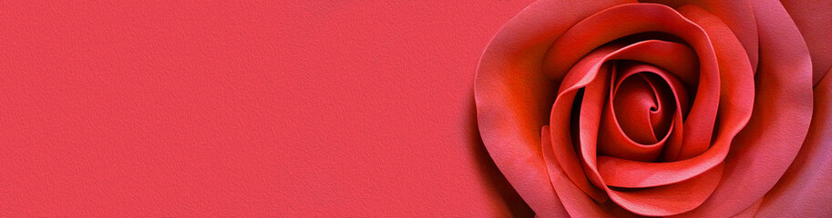 One beautiful red rose on long background with oil paint effect. Card backdrop. Bright flower decoration. Copy space. Design for banner, flyer, template. Mockup for web site header.
