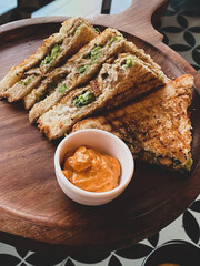 Grilled veg sandwich with a tandoori side dip