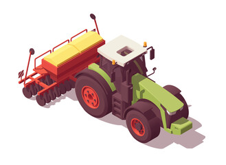 Isometric tractor with agricultural equipment set. Isolated low poly green tractor with red seeder on white backgroung. Vector illustrator. Collection