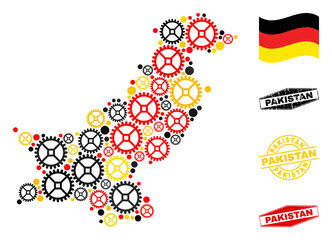 Wheel Pakistan map collage and stamps. Vector collage is formed with industrial icons in various sizes, and Germany flag official colors - red, yellow, black.