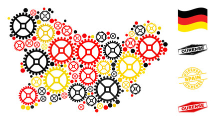 Mechanics Ourense Province map collage and stamps. Vector collage is designed of workshop items in variable sizes, and German flag official colors - red, yellow, black.