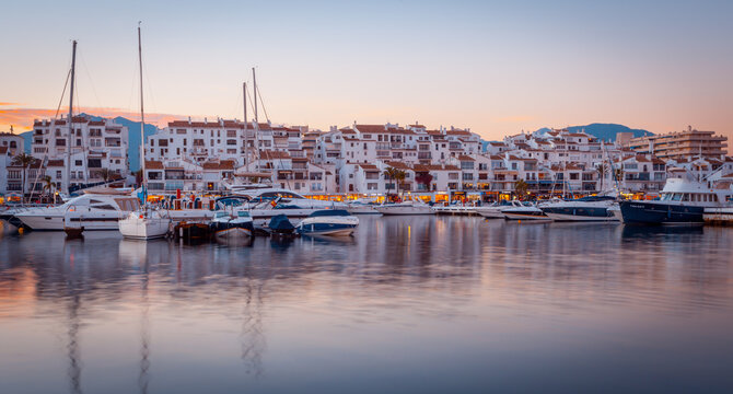 Luxury marina in Puerto Banus, Marbella at sunset.