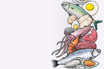 Various fresh meat, seafood, beef, pork isolated on white background. Vector illustration of fresh food.