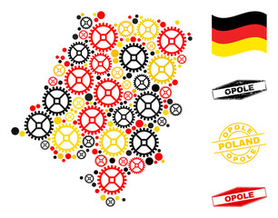 Repair service Opole Voivodeship map collage and stamps. Vector collage is formed of cog items in various sizes, and German flag official colors - red, yellow, black.