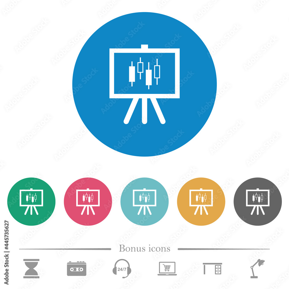 Poster presentation table with candlestick chart flat round icons