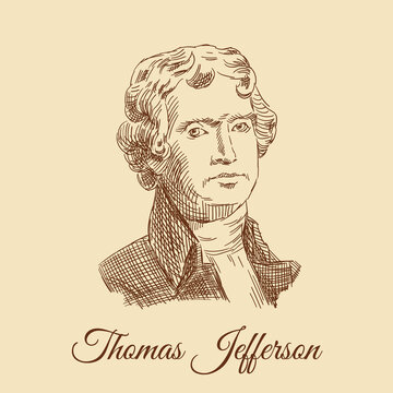 Sketch portrait of Thomas Jefferson, from a 2$ banknote. Engraving portrait of the President of America. Portrait of a man in an antique suit. Vintage brown and beige card, hand-drawn, vector. 