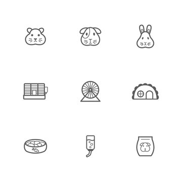 Pet rodent web icons set. Vector outline pet shop signs collection. Hamster, cavy and bunny accessories pack