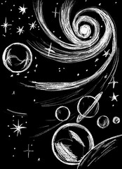 Cosmic landscape with planets, stars-graphic image in white on a black background