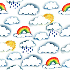 seamless pattern with watercolor clouds, rainbow and sun and drops to create backgrounds, textures and textiles