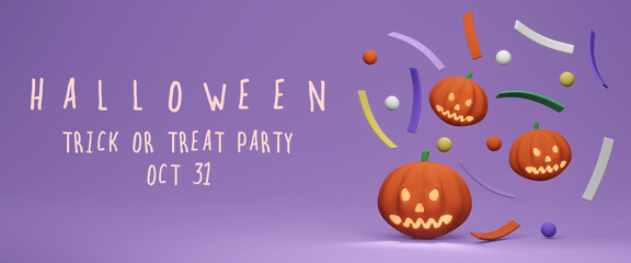 3D Rendering concept of Halloween party background, invitation card, web banners. Pumpkins, confetti and text HALLOWEEN, TRICK OR TREAT PARTY, OCT 31 on background. 3D render. 3D illustration.