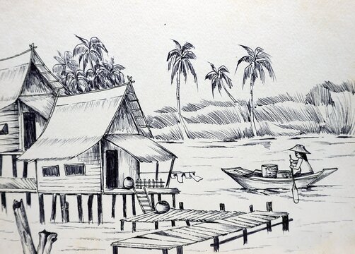 Line drawing of villages along the river in rural Thailand