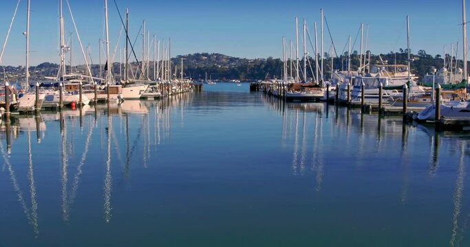 Aerial: Sausalito marina, houseboats and yachts. San francisco, USA