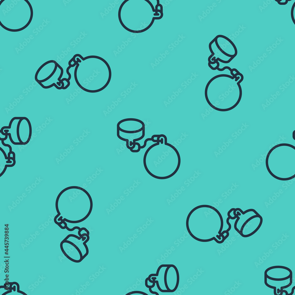 Poster black line ball on chain icon isolated seamless pattern on green background. vector