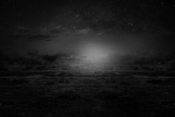 Black and white photo of a dry season field on a beautiful starlit night in the sky.