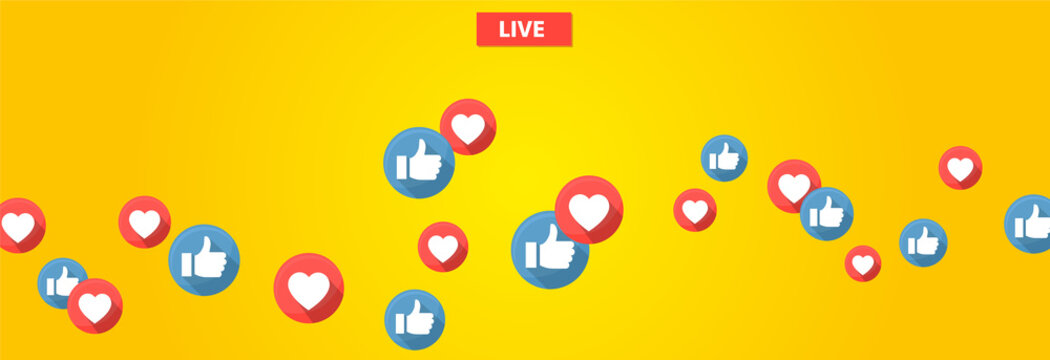 Like and heart icons for live stream video chat likes background vector design template. Social nets blue thumb up like and red heart web buttons isolated on yellow background